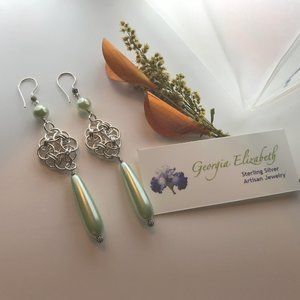 Sterling Silver Chainmail Elegant Earrings with Vintage Beads (Helm Flower) E010